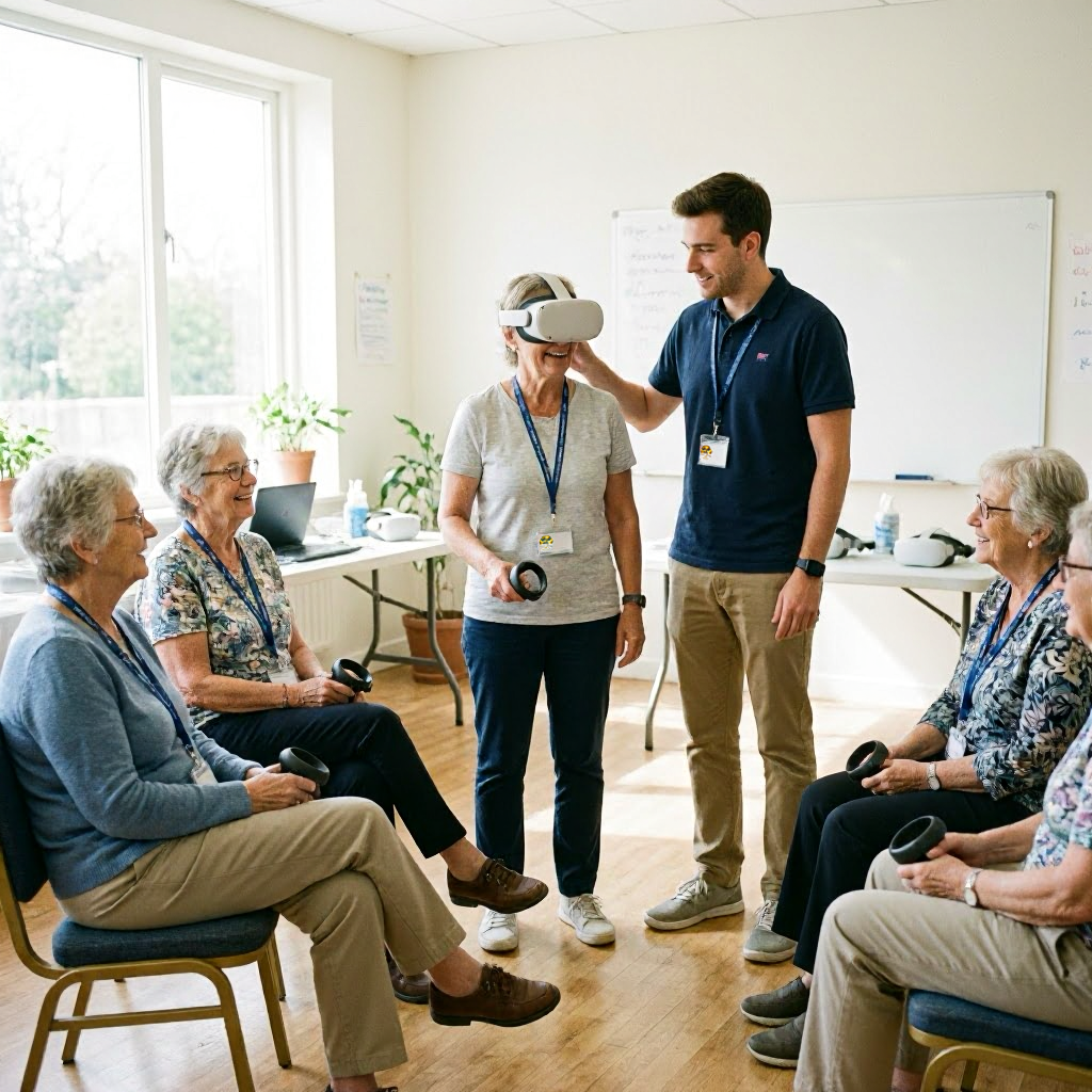 Facilitator adjusting a VR headset for a smiling resident while others look on